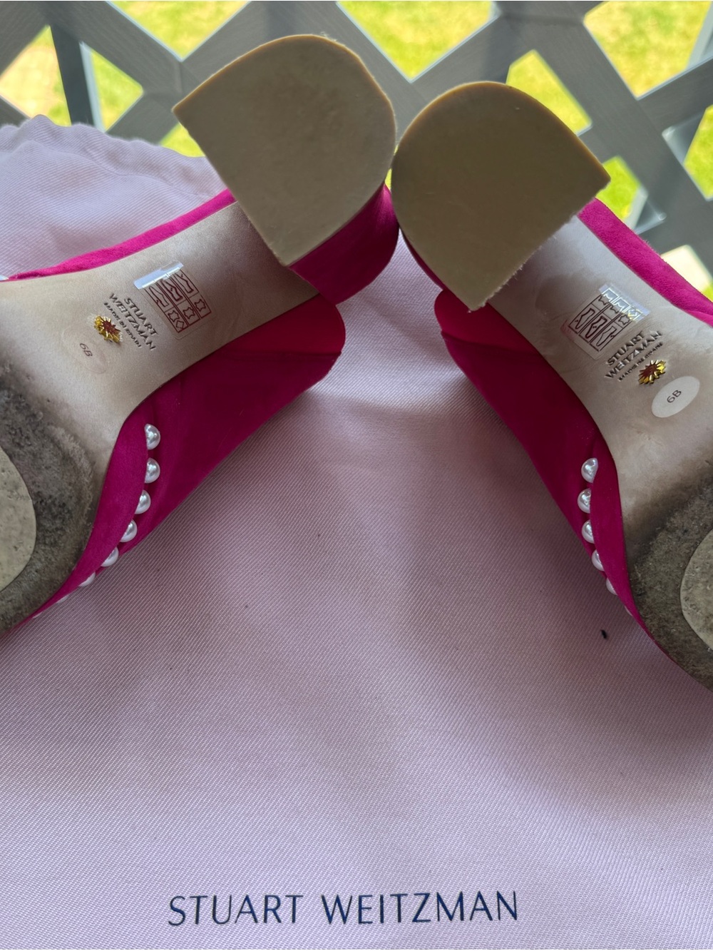 Stuart Weitzman SkyHigh Hot Pink Pearl-Trim Studded Platform Mules Sandals - Picture 7 of 8